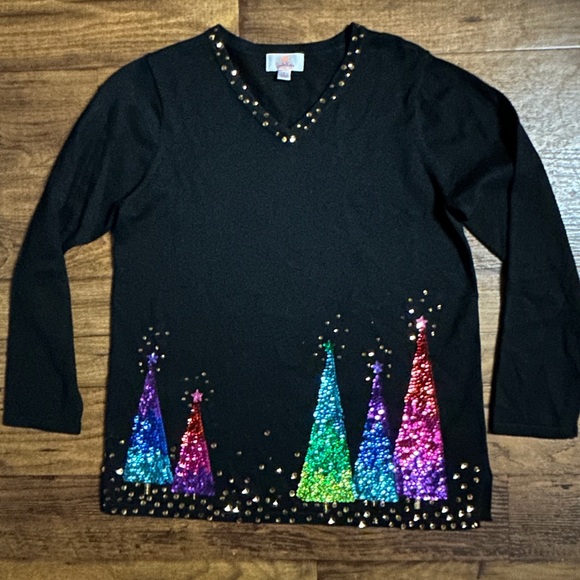 Quaker Factory • Size 8 • Black W/Multi-Colors Sequins •Christmas Trees •Sweater - Picture 2 of 8